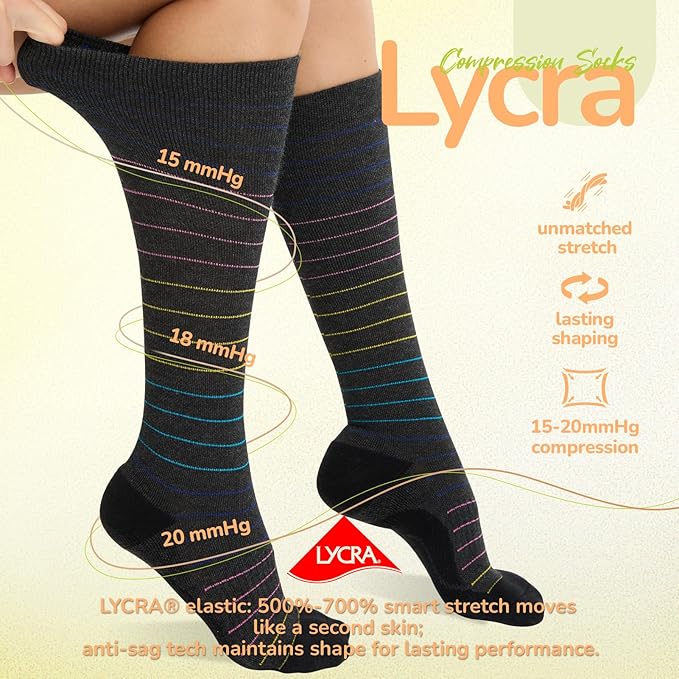 Merino Wool Compression Socks for Women Men, 15-20 mmHg Knee High Socks for Flying, Travel, Running