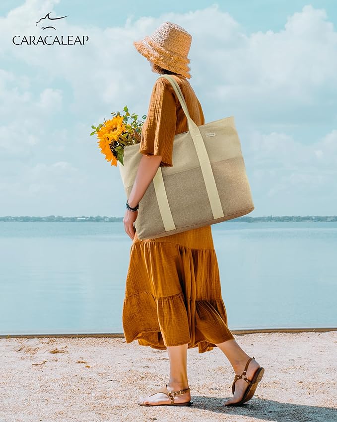 Large Beach Tote Bag with Zipper-Travel Tote Bag for Women with Sun Hat Holder Strap Boho Summer Beach Tote