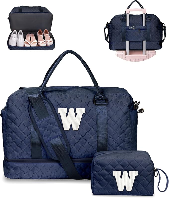 Birthday Gifts for 11 12 13 14 15 16 17 18 Year Old Girls Gifts-Duffle Travel Bag, Weekender Bag, Overnight Bag for Women, Travel Bag with Makeup Bag Graduation Gifts for Sister (Letter W)