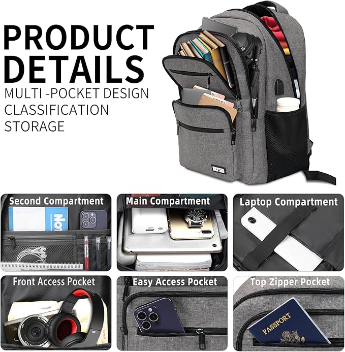 Backpack for School, School Backpack for Boys Girls Teens, College Book Bag, Water Resistant Bookbag, Back Pack for Men Women, Business Work Travel Grey