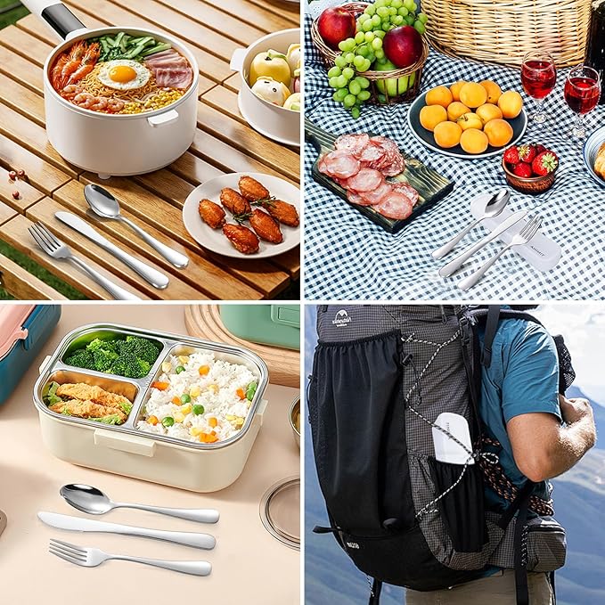 Travel Utensils with Case, 4-Piece Stainless Steel Portable Cutlery Set, Reinforced Case with Buckle Design, Lunch Box for Camping Work School, Include Fork Spoon Knife, Dishwasher Safe, Silver