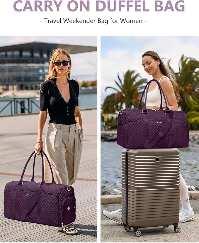 Women Duffle Weekender Travel Bag: Large Duffel Bags with Shoe Compartment Carry On Overnight Tote Bag with Wet Pocket Toiletry Bags Weekend Gym Yoga Hospital Bag for Womens Dark Purple 3Pcs Set