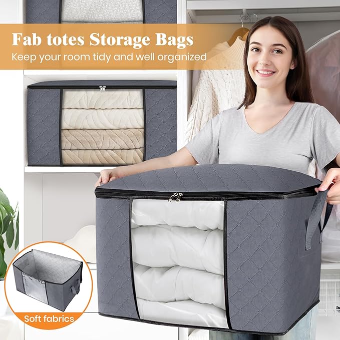 Fab totes 24 Gallons Clothes Storage, Foldable Thick Fabric Blanket Storage Bags, Containers for Organizing Bedroom, Closet, Clothing, Comforter, Organization with Handle (3 Pack,Grey)