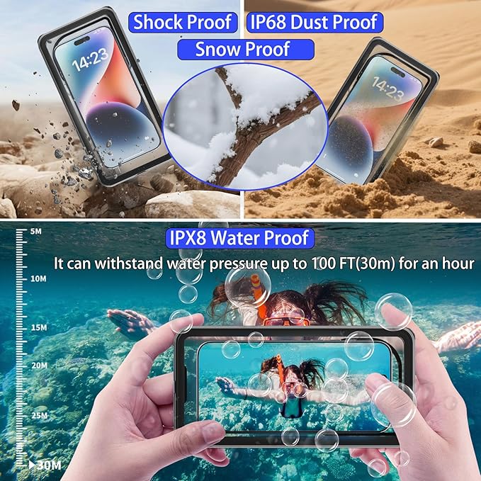 Waterproof Phone Pouch Underwater Protect Bag Wet Touch/Floating Snorkeling/Heavy Duty Hard Phone Case with Lanyard Compatible with iPhone 16 Pro Max/15/14/13 Samsung Galaxy S25-Black