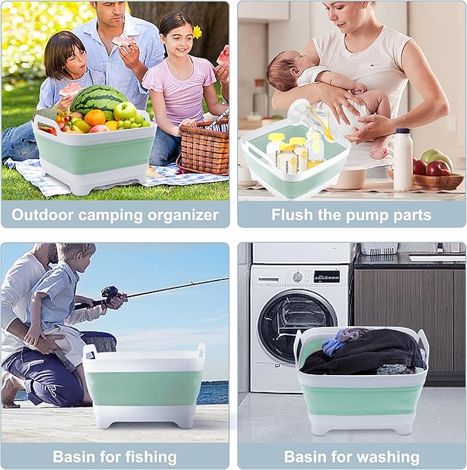 2.4 Gal(9L) Collapsible Dish Basin with Drain Plug - Multiuse Foldable Wash Basin for Baby Bottles, Space-Saving Multiuse Dish Tub, Kitchen Sink for Camping, Dishes Washing, RV (Green)