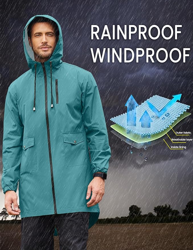 COOFANDY Men's Long Raincoat Ligtweight Rain Jacket Waterproof Outdoor Jackets with Hood
