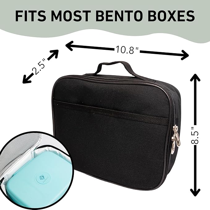 Fenrici Black Lunch Box for Boys, Girls, Kids, Teens, Men, Women Insulated Lunch Bag, Soft Sided Compartments, Spacious, BPA Free, Food Safe, 10.8in x 8.5in x 2.8in, Black