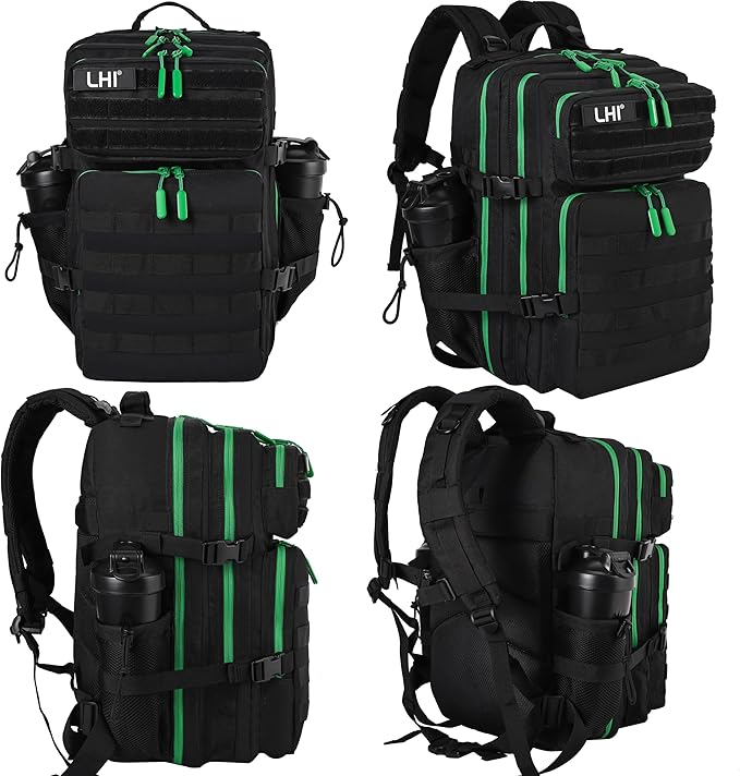 LHI Military Tactical Backpack for Men and Women 45L Army 3 Days Assault Pack Bag Large Rucksack with Molle System - Black with green zipper
