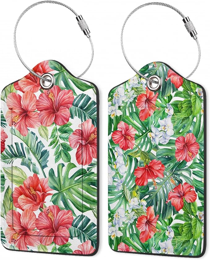 Tropical Palm Leaves Luggage Tags for Suitcase,Hibiscus Flowers Luggage Tags of Set 2 Leather Identifiers Privacy Cover with Stainless Steel Loop for Women Men Travel Bag Suitcase
