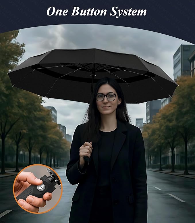 Windproof Travel Umbrella Compact, Automatic Open Close Umbrellas for Rain,Fiberglass Frame, Vented Triple Layer