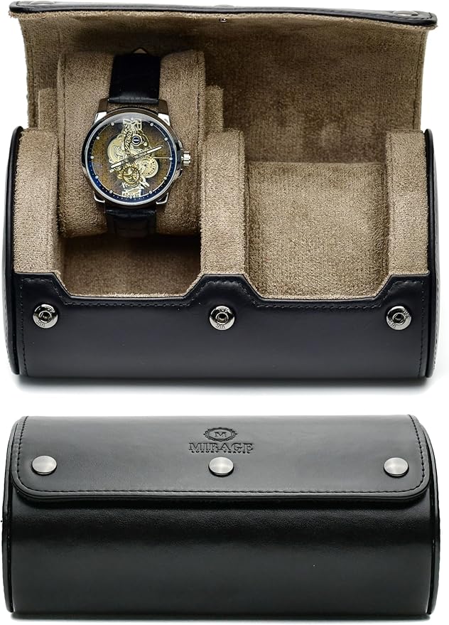 2 Watch Roll Travel Case – Leather Watch Holder Case for Travel - Black Full Grain Cow Leather (Beige Interior)
