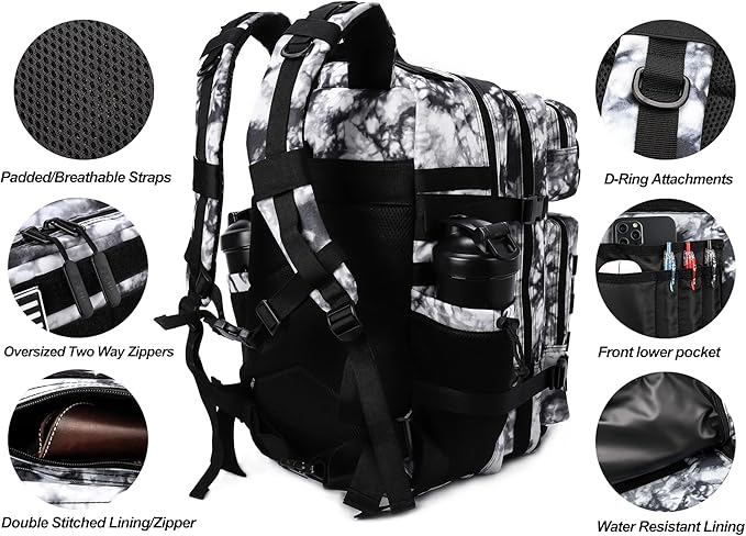 LHI Military Tactical Backpack for Men Molle Daypack 45L Army 3 Days Assault Pack Bag Large Rucksack With Bottle Holder Black and White(12*20*12)