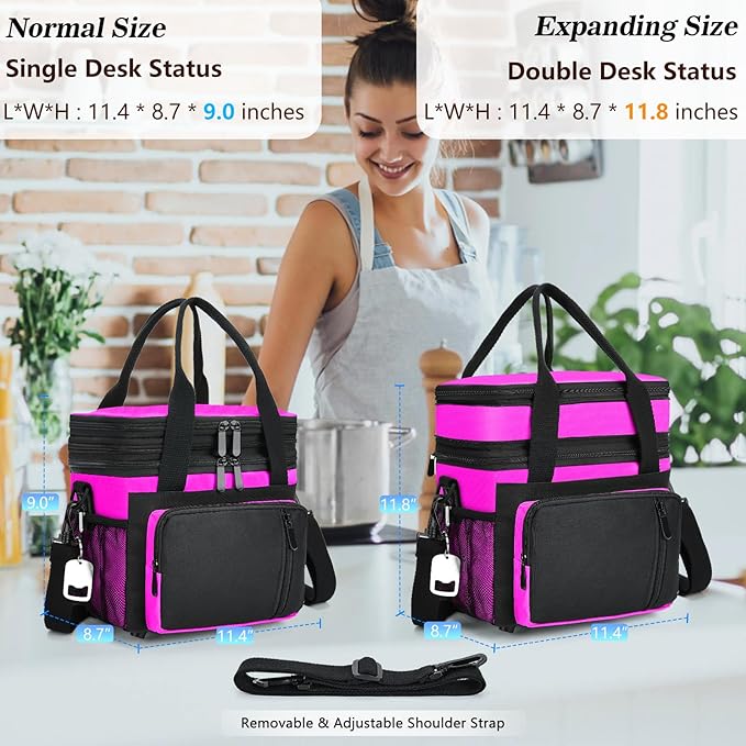 Insulated Lunch Bag Women | Large Adult Lunch Box | Double-Layer Reusable Lunch Bags | Leak-Proof Tote Cooler Bag for Work Picnic Outdoors | 16L, Hot Pink