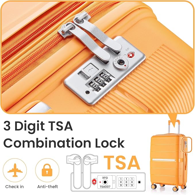 Campfun Luggage 4 Piece Sets, Expandable Carry On Luggage Set Hardshell PP, Suitcase Set with Double Spinner Wheels, Checked Durable Lightweight with TSA Lock, 14/20/24/28in, Orange(A)