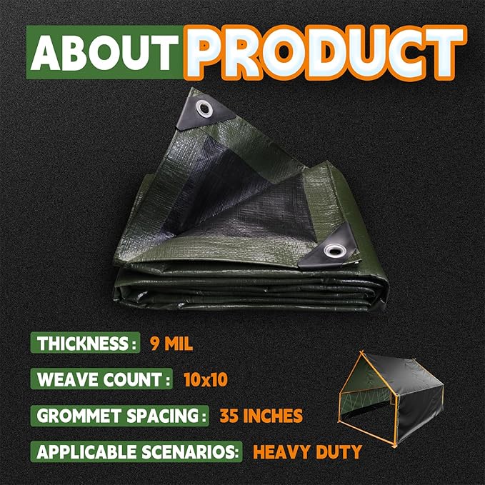 7x10 Feet Tarp Waterproof,9Mil Thick,Finished Size Tarps,UV Resistant,Durable,Multipurpose Poly Tarp Cover with Metal Grommets and Reinforced Edges,Green/Black by RAINDEWAY