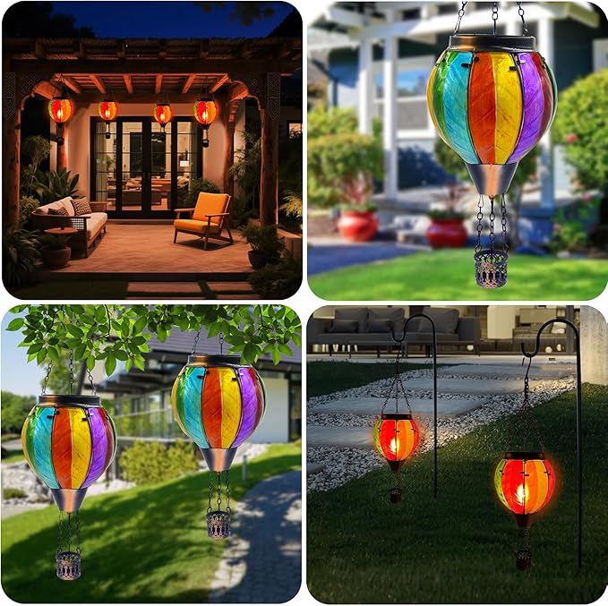 Colorful Hot Air Balloon Solar Lantern with Flickering Flame Light Glass Hanging Solar Lanterns Outdoor Waterproof for Garden Tree Yard Patio Party Decor
