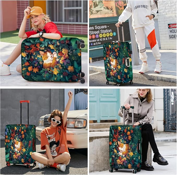 ANNA QUEEN Dreamy Cat Luggage Cover, Cat Sleeping in a Flower Field Design, Stretchable, Washable Travel Protector for 20-22 Inch Luggage