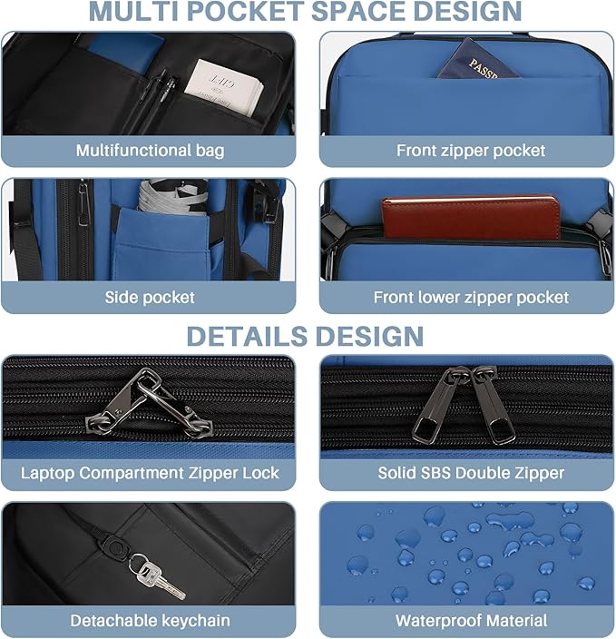Travel Backpack Carry On Flight Approved, Lightweight Large Travel Backpack, Expandable with USB Charging Hole, Waterproof Causal Bookbag for Travel Work College Fits 17 inch Laptop, Blue
