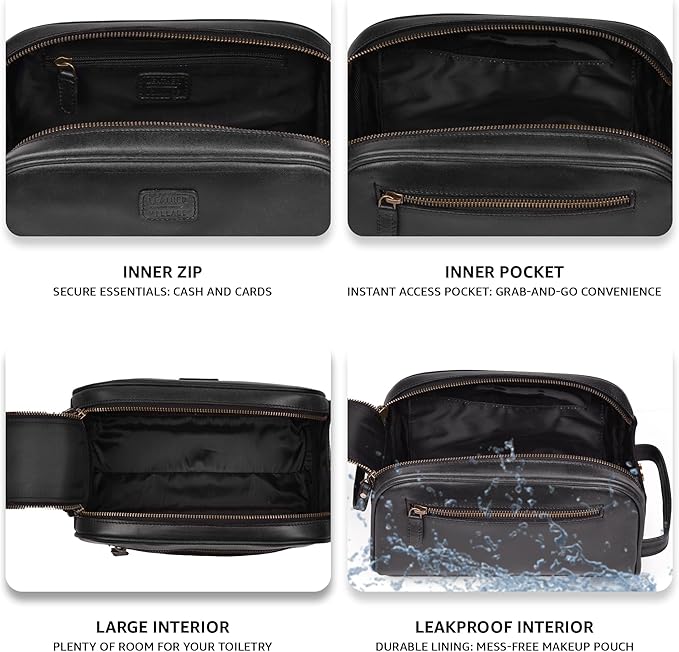 LEATHER VILLAGE Premium Leather Toiletry Travel Pouch With Waterproof Lining - Black | King-Size Handcrafted Vintage Cosmetic Organizer & Shaving Essential Bag