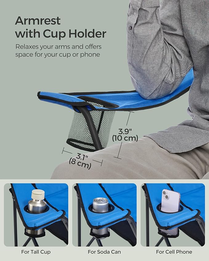 SONGMICS Folding Camping Chair, with Comfortable Sponge Seat, Cup Holder, Heavy Duty Structure, Max Load Capacity 551 lb, Outdoor Picnic Chair, Blue and Black UGCB06BU