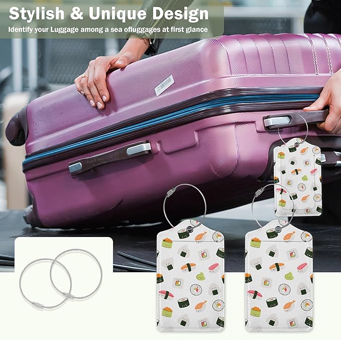 2 Pack Luggage Tags for Suitcase,Cute Funny Japanese Sushi Leather Luggage Tag Bag Tags Identifiers Privacy Cover Id Label with Steel Loop for Women Men Girls Boys Travel