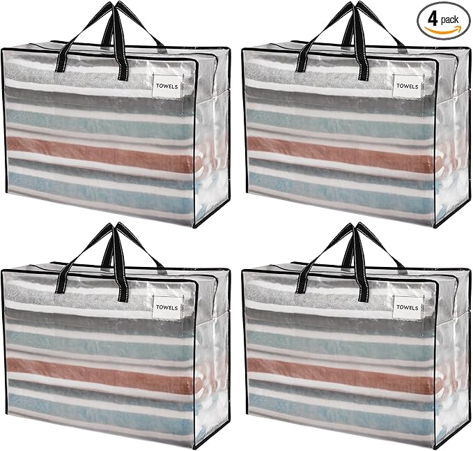 VENO 4 Pack Heavy Duty Moving Bags, Storage Bags, Packing Supplies, Top Zipper, Storage Totes for Camping, Clothes, Bedding, Comforters, Pillows (27 Gallon Clear, 4 Pack)