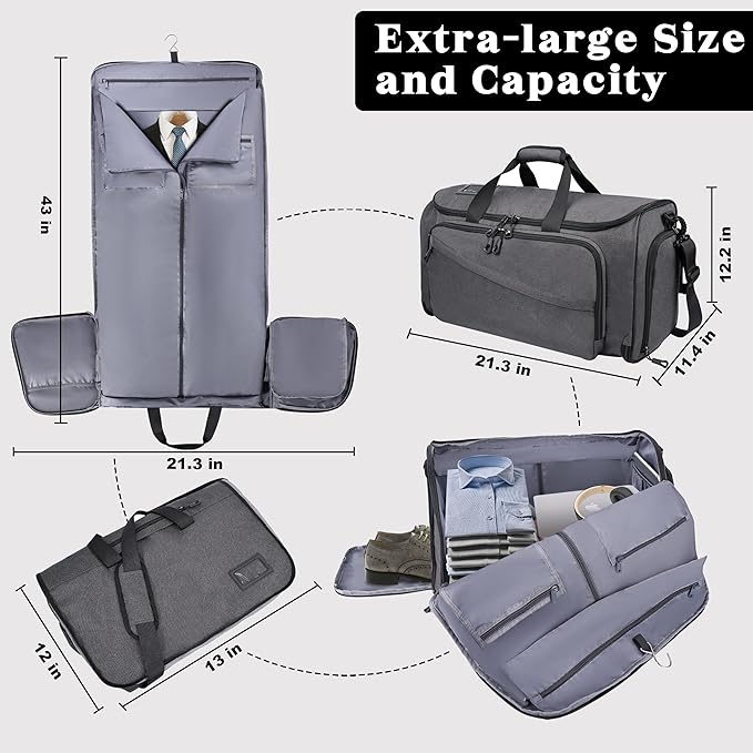 Travel Garment Duffle Bag with Laptop Compartment, RFID Blocking Convertible Suit Bag Name Tap Pocket Carry On 2 in 1 Hanging Suit Travel Duffel Work Pouch