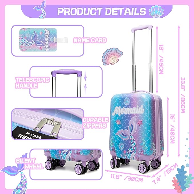 Cute Mermaid Kid’s Luggage Set 5 Piece Suitcase Set 16’’ Hardside Luggage with Spinner Wheels Girls Carry on Toddler Luggage Travel Rolling Suitcase Airline Approved