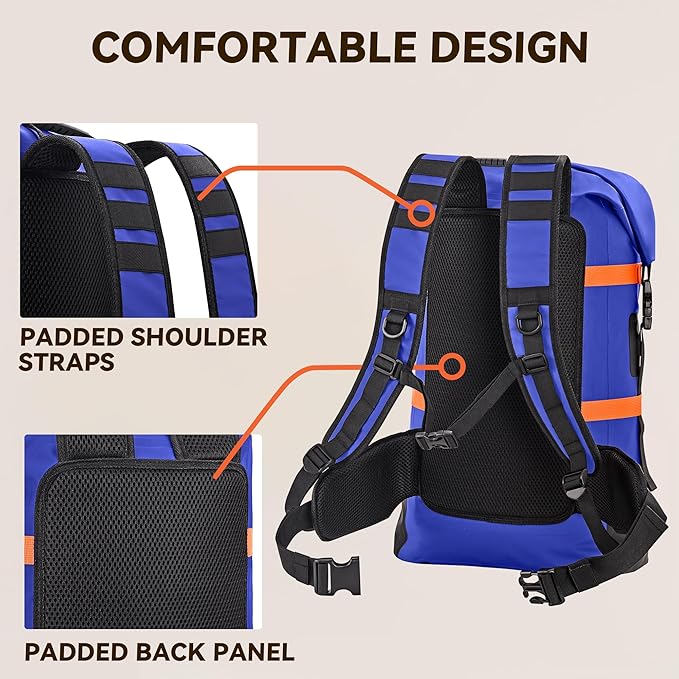 HEETA Dry Bags Waterproof Backpack 40L for Men & Women, Roll Top Heavy Duty Cushioned Hiking Backpack for Kayaking Boating Paddle Boarding Fishing Travel Camping Beach Vacation Cruise Ship Essentials