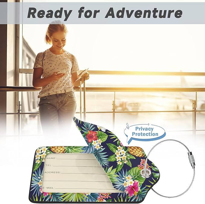 Tropical Pineapples Luggage Tags for Suitcases,2 Pack Palm Leaves Flowers Luggage Tag,Leather Stainless Steel Loop Label Tag for Women Men Girls Travel Bag Suitcase