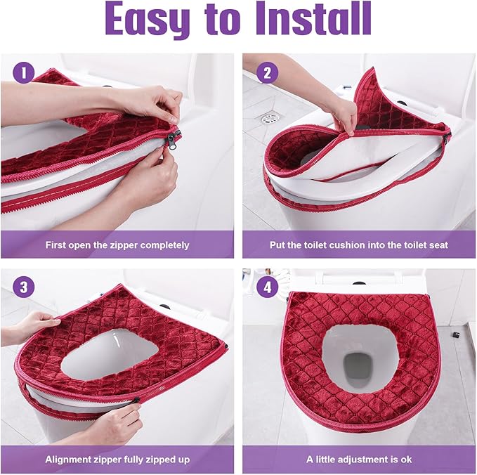 Riakrum 4 Pcs Toilet Seat Covers Pads for Bathroom Comfortable Toilet Seat Cushion Cover Soft Thicker Warmer Washable Pad with Zipper Home Reusable(Modern,Gray, Violet, Red, Brown)