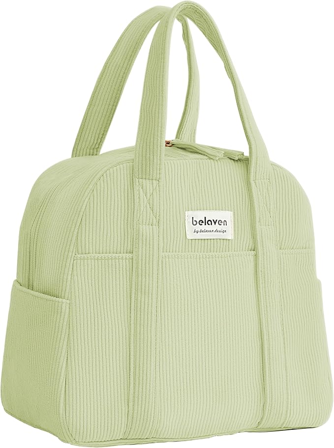 Insulated Lunch Bag for Women, 6-Hour Cold Retention Cooler Tote with Sturdy Handle, 15-Can Spacious Capacity, Leakproof Corduroy Fabric & Aluminum Foil Lining, (Green)