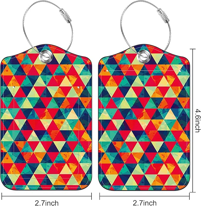 Set of 2 Luggage Tags for Suitcase Watercolor Rhombs and Colored Triangle Leather Baggage Tags Set with Stainless Steel Loop Name Address Labels Privacy Cover for Men Women Travel Bag Suitcase