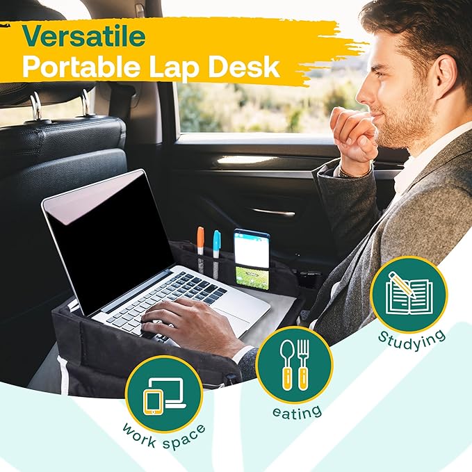 Travel Lap Desk, Travel Tray, Portable Lapdesk for Car, Remote Work, Road Trips, School, Laptop Pad with Storage Pocket, Tablet Holder, Shoulder Strap, Fits up to 15.6-Inch Laptop (Black)