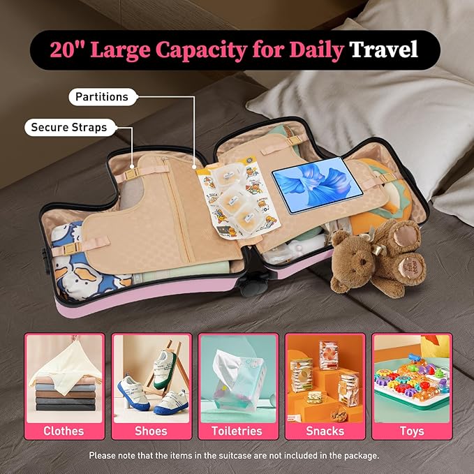 CNCEST 20" Kid's Ride-on Travel Suitcase,Rolling Luggage with Wheels Carry Trolley Luggage with Password Lock,Children's Ride On Trolley Luggage for Children's Day Gift,Festival Gift