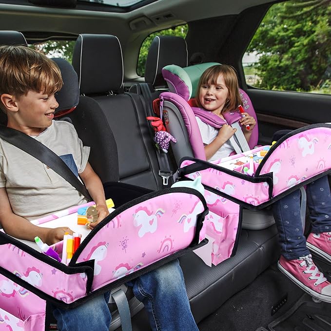 Kids Travel Tray, Car Seat Tray for kids Travel, Toddler Road Trip Essentials With Drawing Kit, Toddler Lap Desk Organizer for Car, Carseat Table for Airplane