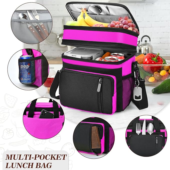 Insulated Lunch Bag Women | Large Adult Lunch Box | Double-Layer Reusable Lunch Bags | Leak-Proof Tote Cooler Bag for Work Picnic Outdoors | 16L, Hot Pink