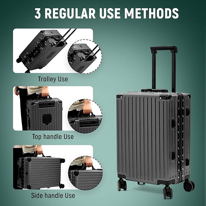UrbanExporer 20 Inch Carry On Luggage Aluminum Frame Airline Approved, Zipperless Luggage Carry On TSA Approved ABS+PC Hard Shell Suitcases, Lightweight Carry-On Suitcase with Cup Holder, Metal-Gray