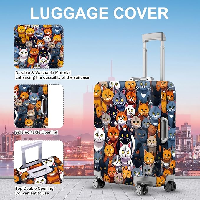 ANNA QUEEN Colorful Cat Luggage Cover, Fun Cat Design with Multiple Cats, Stretchable, Washable Travel Sleeve for 28-30 Inch Luggage