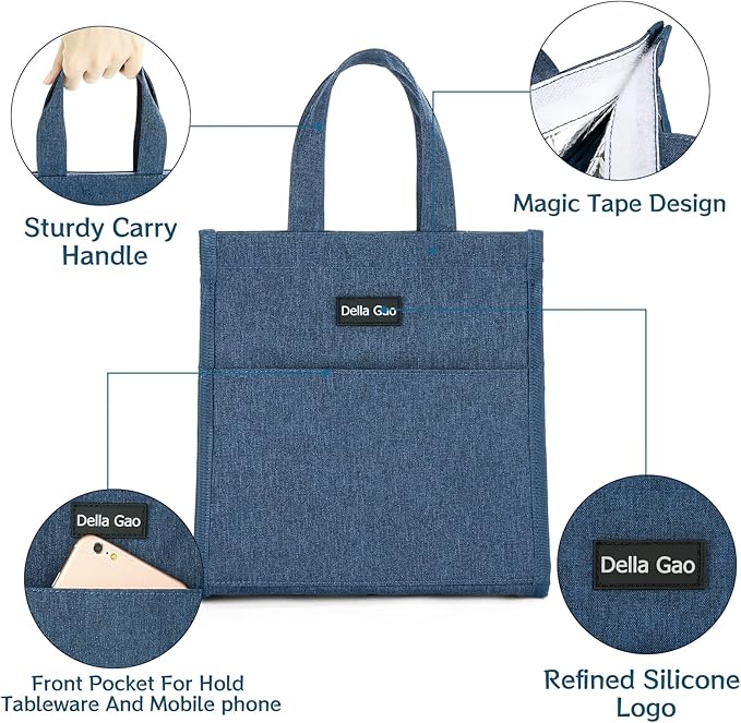 Della Gao Insulated Lunch Bag for Women Men, Waterproof Small Lunch Tote Lunch Box, Reusable Lunch Bags for Work, Party, Travel and Picnic (Blue)