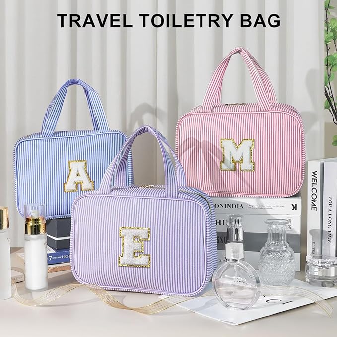 TOPEAST Hanging Toiletry Bag for Women - Travel Toiletry Bag Makeup Bag, Portable Toiletries Cosmetic Bag, Airplane Travel Essentials - Letter W, Blue