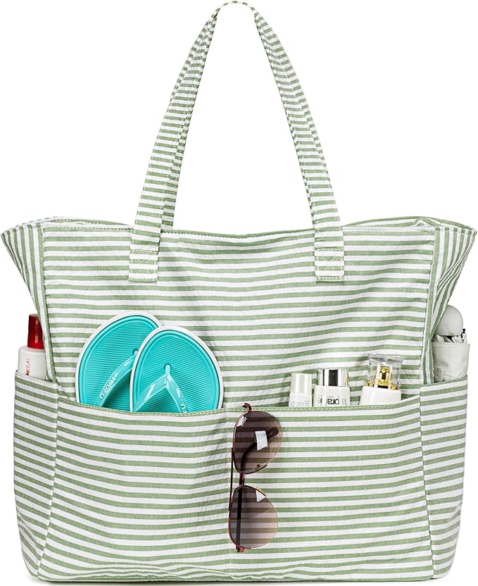 LEDAOU Large Beach Tote Bag Women Waterproof Sandproof Zipper Beach Tote Bag for Pool Gym Grocery Travel with Wet Pocket