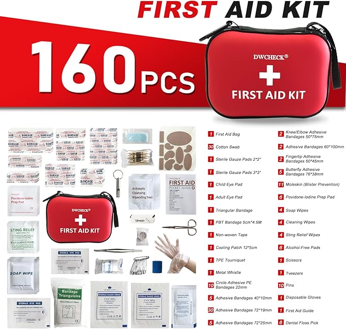 160 Piece Mini First Aid Kit, Compact Waterproof Hard Shell Small Emergency Medical Kit for Travel, Car, Home, Office, Vehicle, Hiking - Camping Essentials and Outdoor Survival Kit