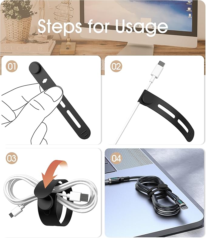 40Pcs Nearockle Reusable Cable Ties, Adjustable Silicone Cord Organizer Small Zip Ties for Charging Cords Earphone Computer Wire, Office Desk Cable Management Travel Accessories(White&Black)