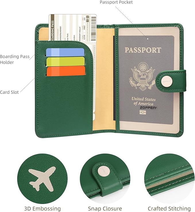 ZOPPEN Passport Holder Women, Passport Cover Travel Wallet Rfid Blocking Passport Wallet Cover Case Travel Essentials Document Organizer, Grass Green