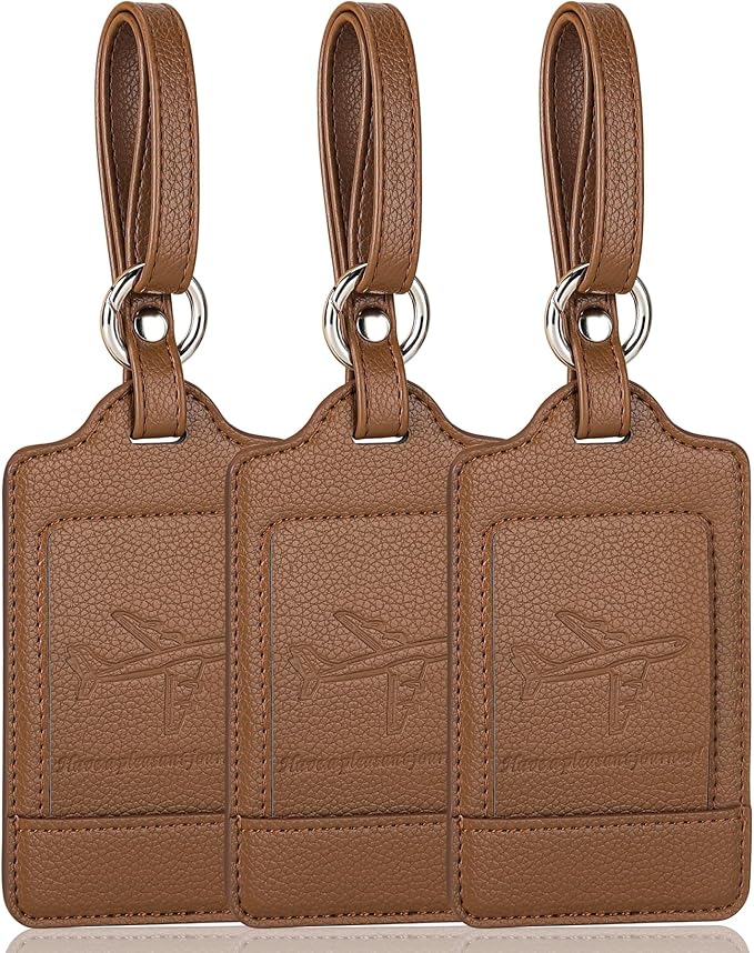 Teskyer Luggage Tags, 3 Pack Premium PU Leather Luggage Tags for Suitcases, Privacy Protection Travel Bag Tags, Lichee Coffee