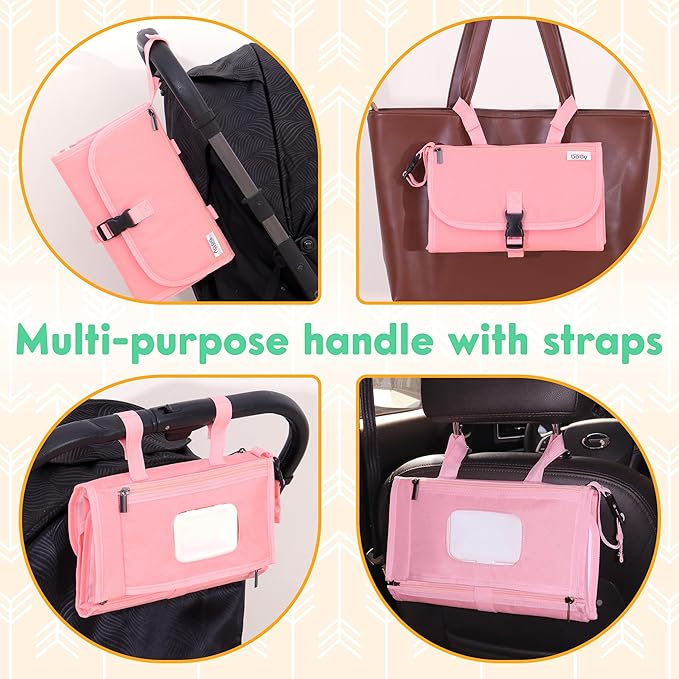 Kopi Baby Portable Diaper Changing Pad - Baby Diaper Changer Travel Bag with Wipes Pocket, Smart Design Portable Changing Mat, Infant Travel Station Kit, Gift for Newborn Girl & Boy - Pink, Premium