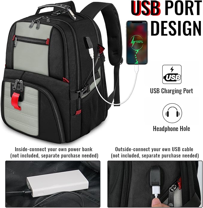 YOREPEK Travel Backpack, 50L Laptop Backpacks for Men Women, Water Resistant Airline Approved Bag with USB Charging Port Fits 17 Inch Computer, Grey
