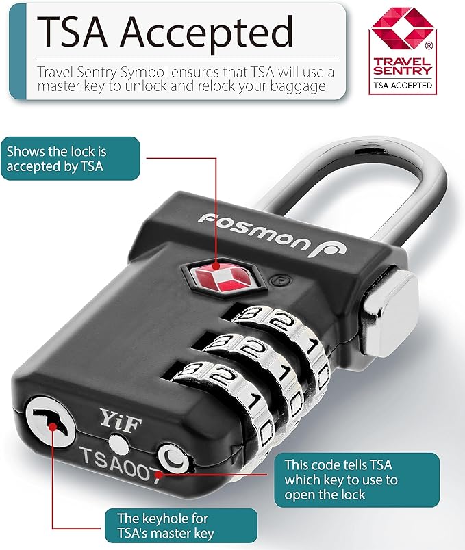 Fosmon TSA Accepted Luggage Locks, (4 Pack) Open Alert Indicator 3 Digit Combination Padlock Codes with Alloy Body and Release Button for Travel Bag, Suit Case & Luggage - Black