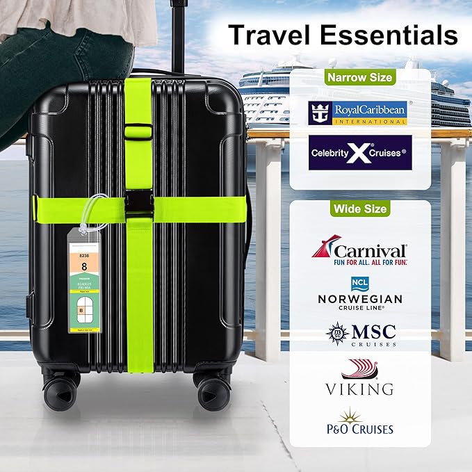 8 Pack Luggage Straps and Cruise Luggage Tags Set (4 Straps, 2 Wide, 2 Narrow Tags), Luggage Straps for Suitcases TSA Approved Suitcase Tags, Green